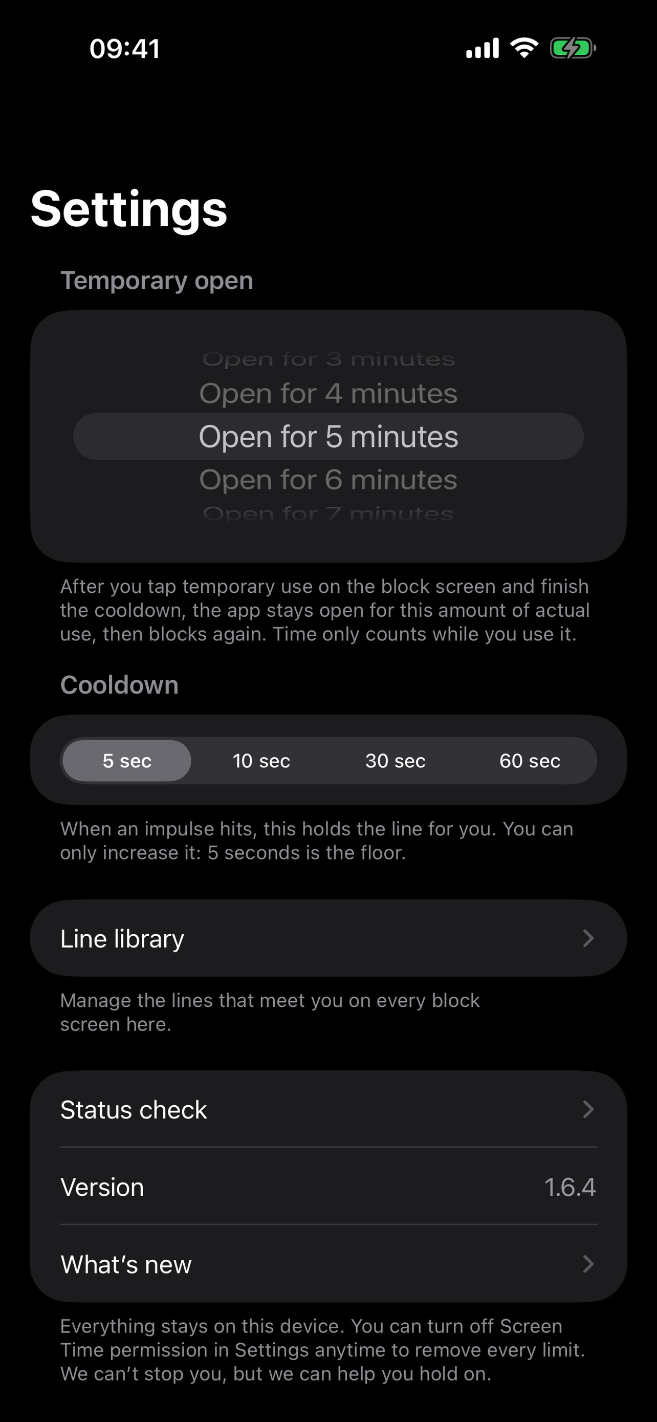 Settings screen showing temporary use, cooling-off, line library, and status check settings.