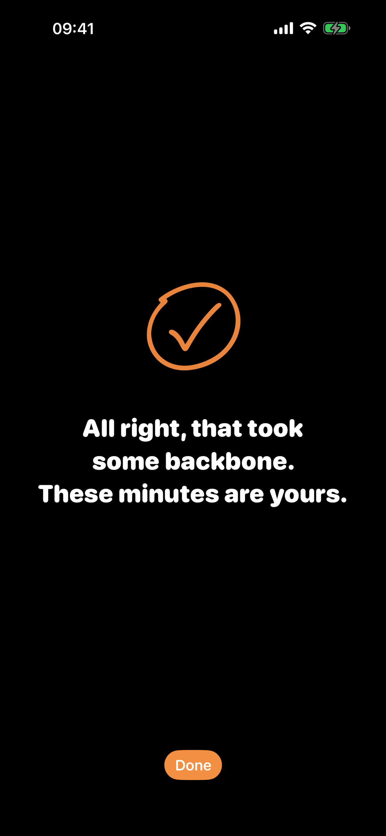 PlainLock praise screen showing an orange check mark and a successful resistance message.