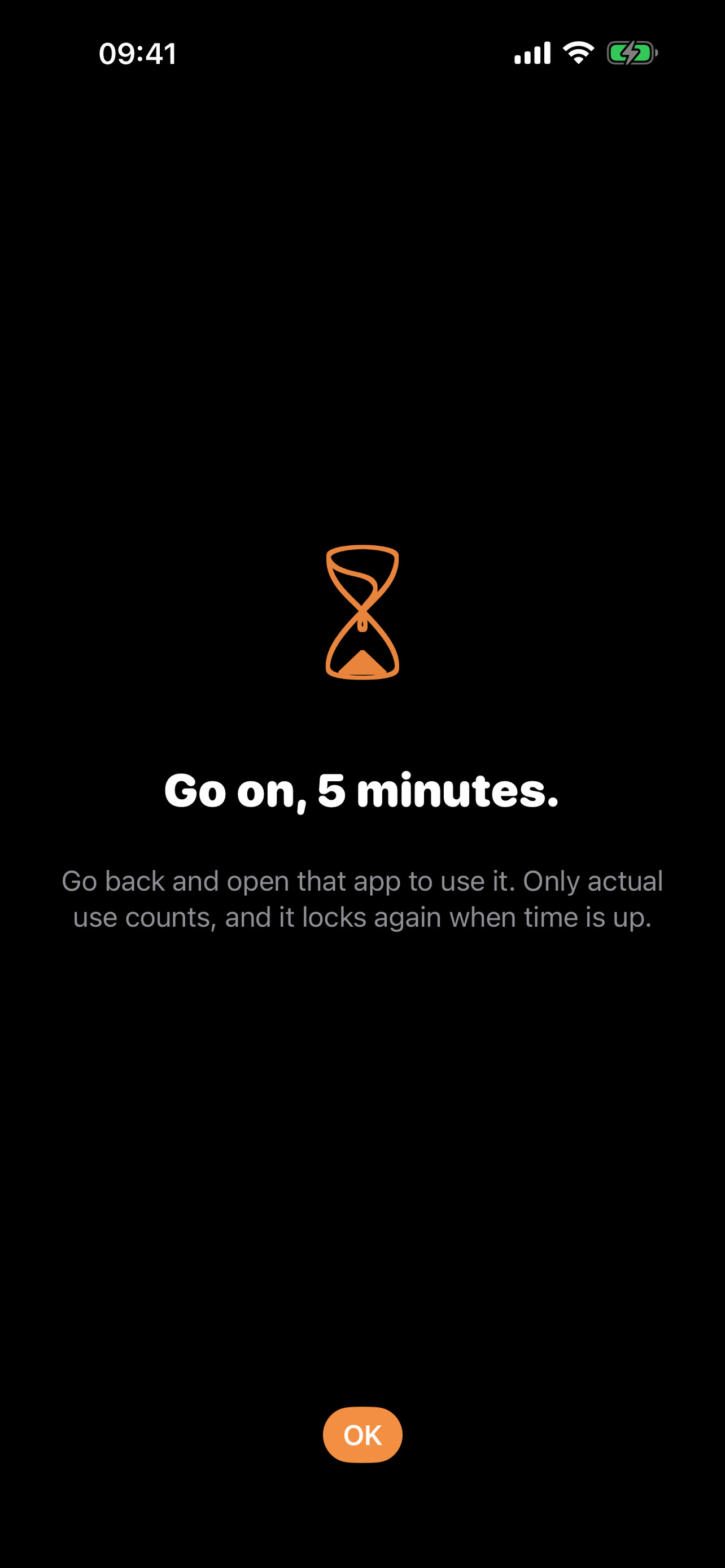 PlainLock temporary-open screen showing the hourglass and the temporary-use setting.