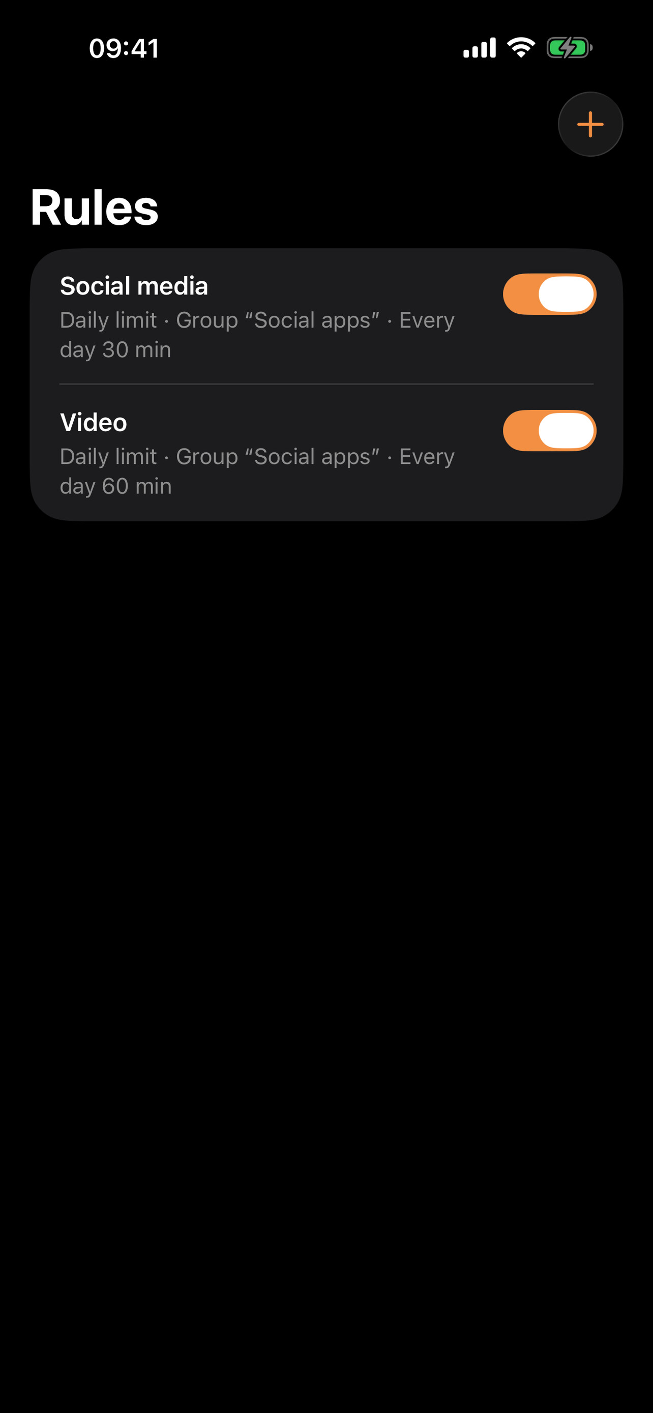 Rules screen showing daily-limit rules and their enabled status.