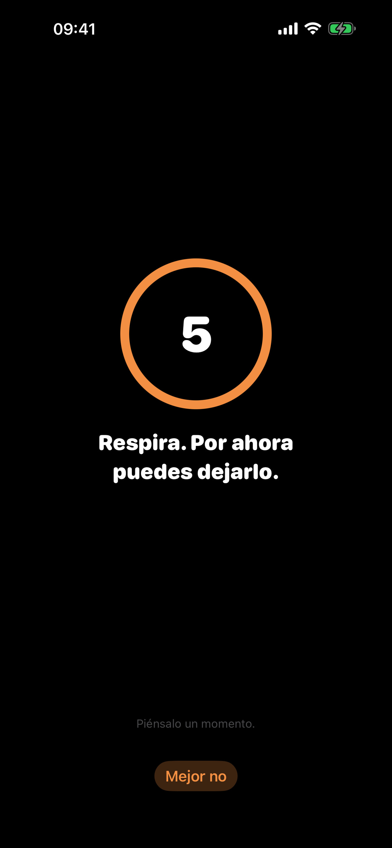 Pantalla de pausa de calma de PlainLock con una cuenta regresiva naranja de cinco segundos.
