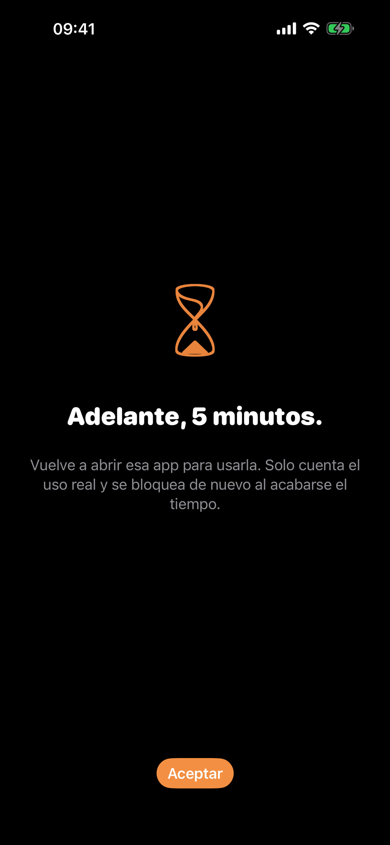 Pantalla de uso temporal de PlainLock con un reloj de arena y la configuración de uso temporal.