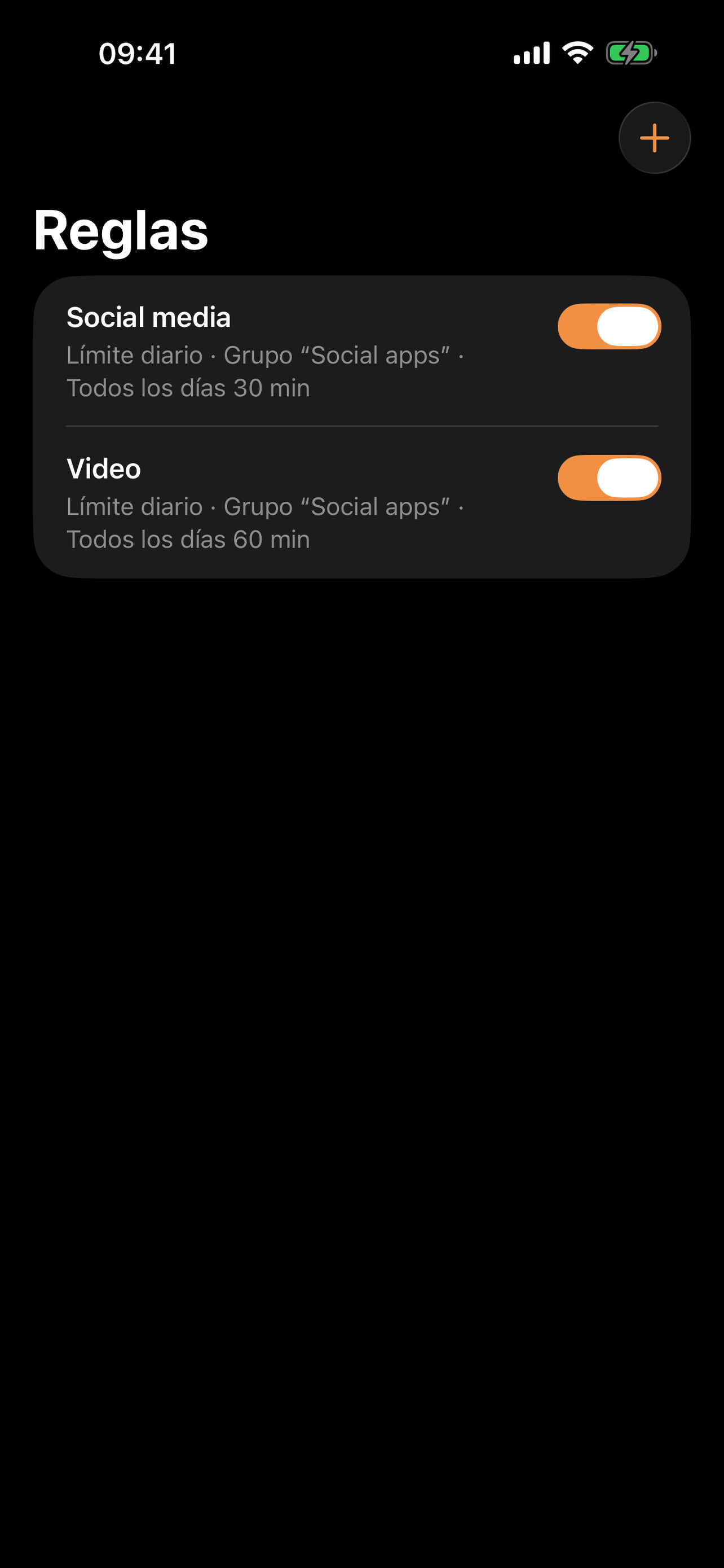 Pantalla de reglas que muestra los límites diarios y su estado activo.