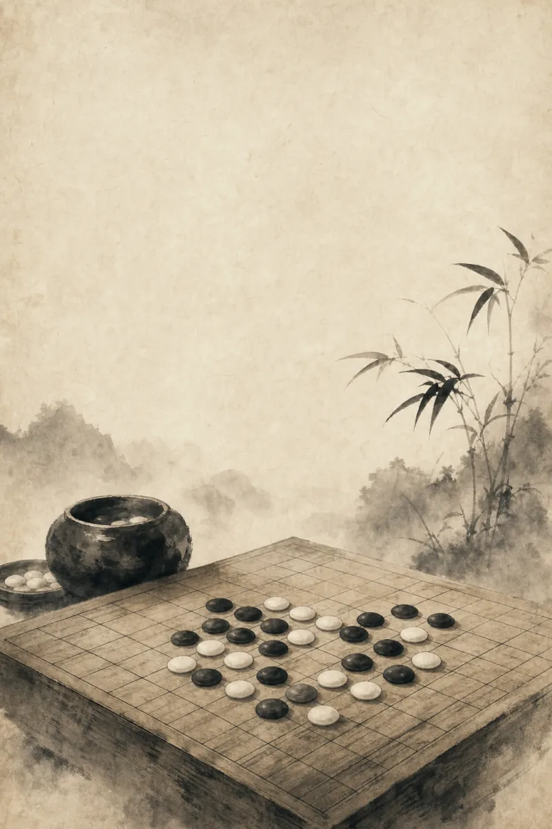 圍棋水墨插圖：霧中竹影旁的木製棋盤與棋罐